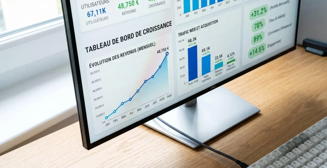Gros plan sur un écran d'ordinateur affichant un tableau de bord analytique avec des graphiques de croissance et des pourcentages, arrière-plan bureau flouté