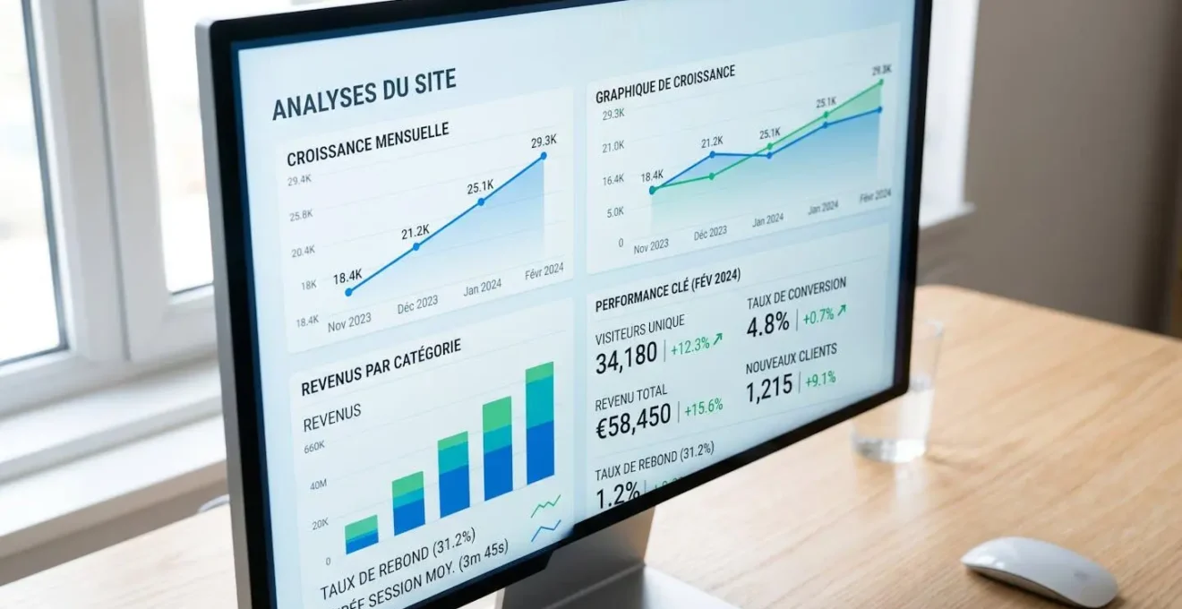 Gros plan sur un écran d'ordinateur affichant un tableau de bord analytique avec des graphiques de croissance et des pourcentages, arrière-plan bureau flouté