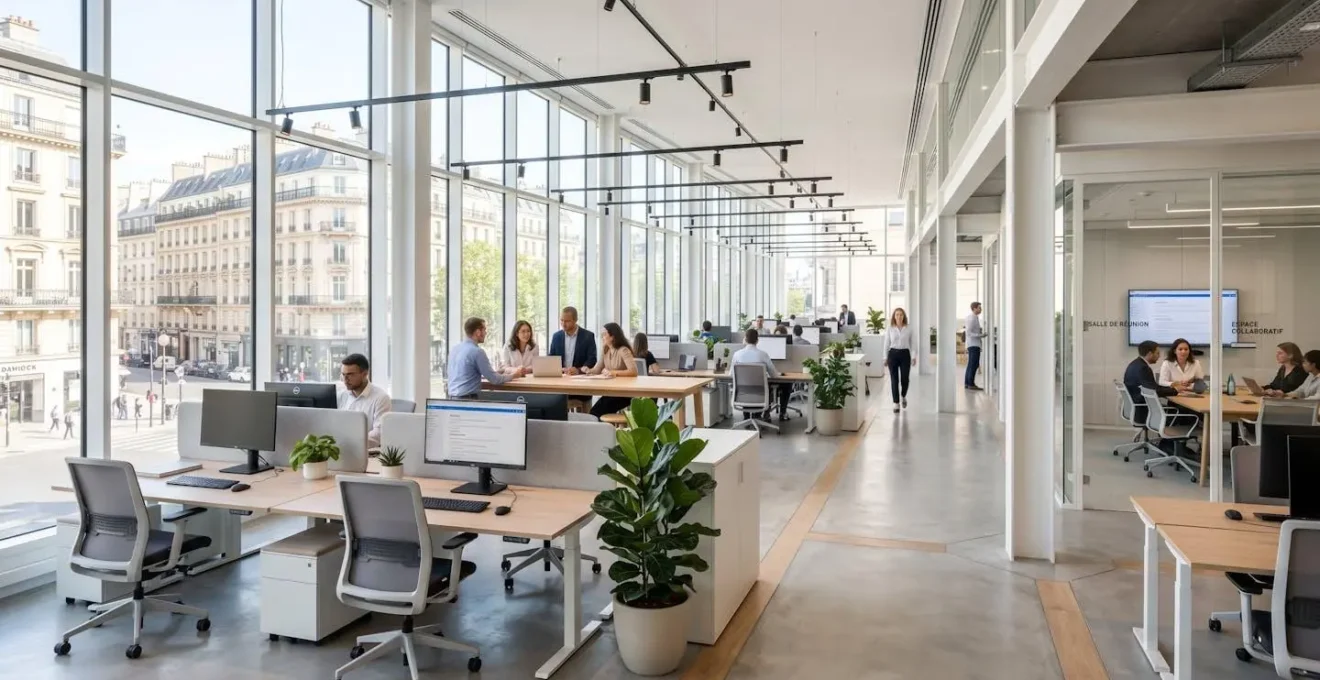 Vue grand angle d'un open space de bureau français contemporain avec grandes fenêtres, design minimaliste et silhouettes floues en arrière-plan