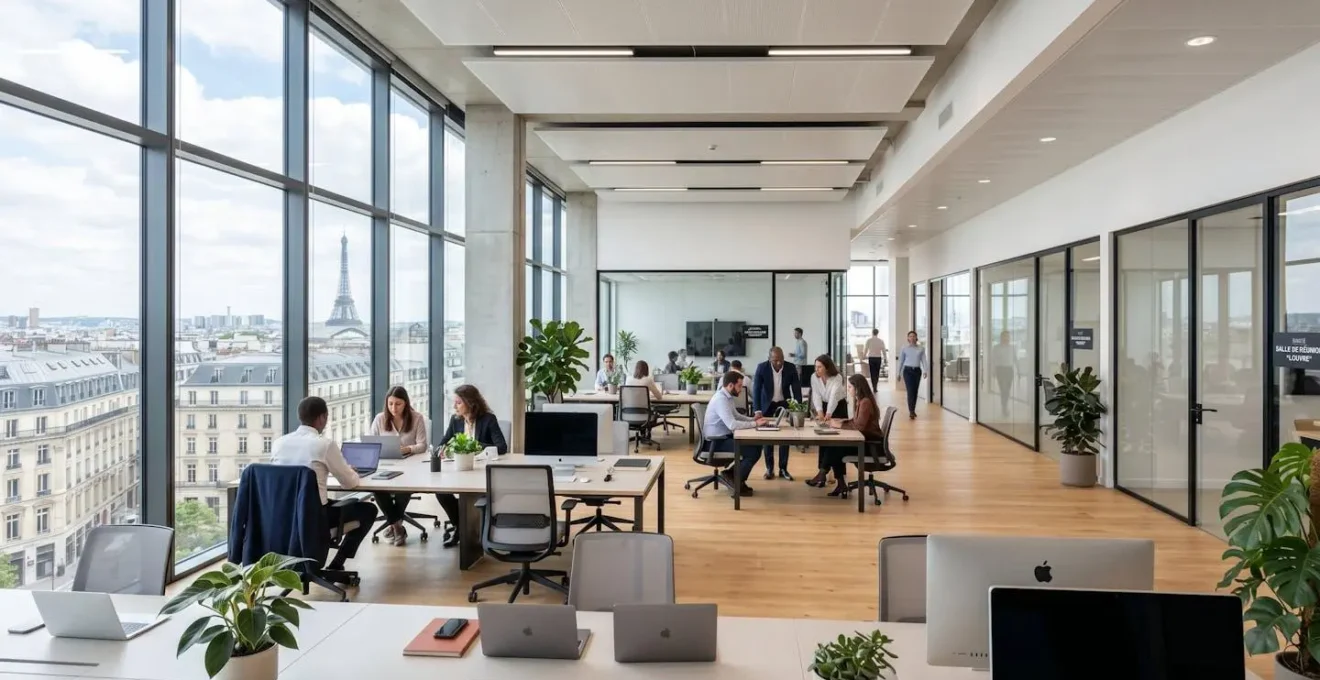 Vue grand angle d'un open space de bureau français contemporain avec grandes fenêtres, design minimaliste et silhouettes floues en arrière-plan