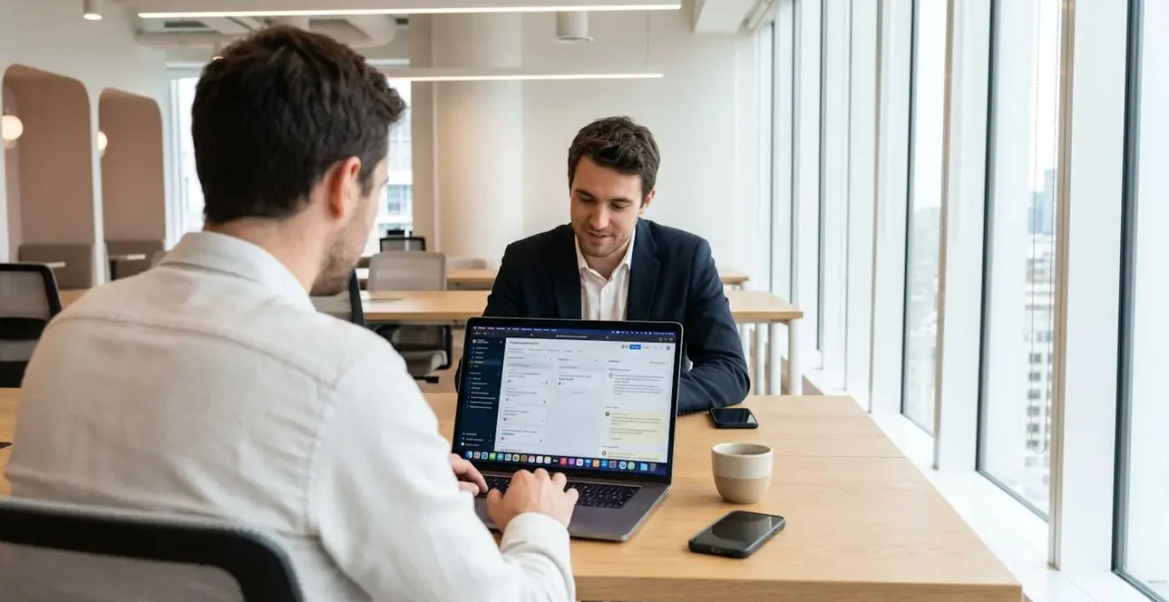 Deux professionnels vus de dos collaborent devant un écran d'ordinateur portable dans un espace de coworking lumineux et contemporain