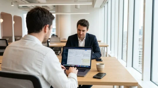 Deux professionnels vus de dos collaborent devant un écran d'ordinateur portable dans un espace de coworking lumineux et contemporain