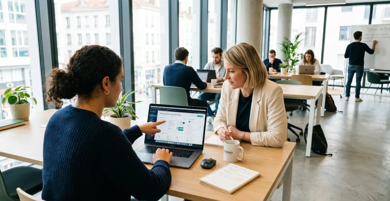 Deux professionnels vus de dos collaborent devant un écran d'ordinateur portable dans un espace de coworking lumineux et contemporain