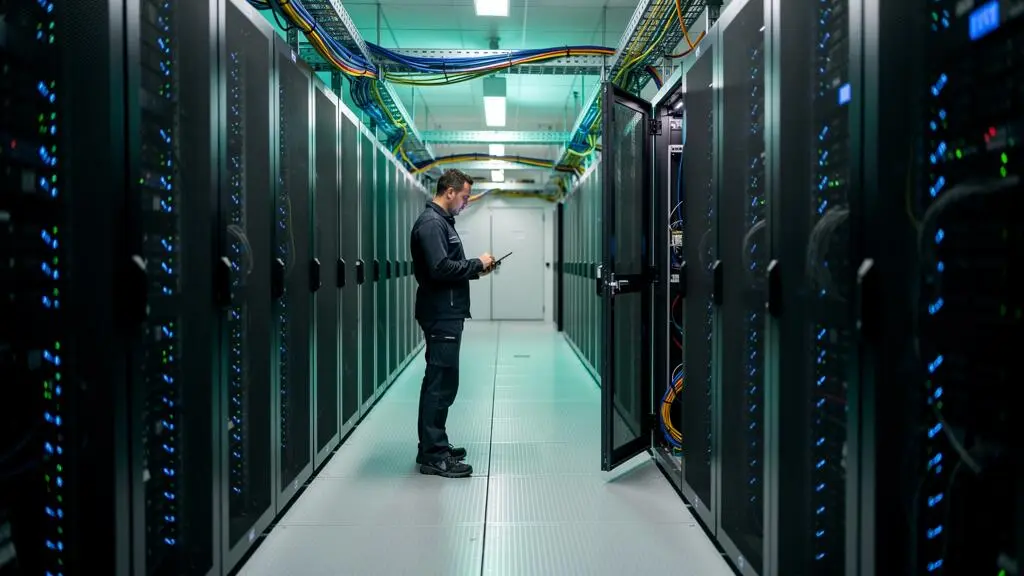 Technicien informatique debout inspectant des rangées de serveurs dans une salle de datacenter moderne, équipements avec indicateurs LED bleus et verts, environnement technique hautement sécurisé