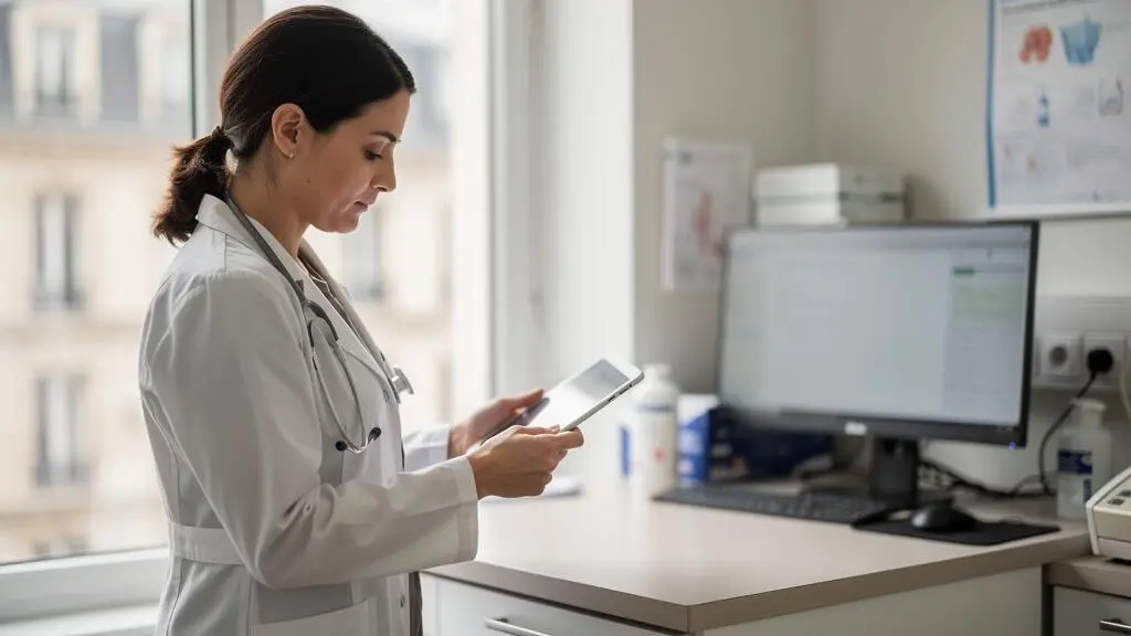 Médecin debout dans un cabinet médical moderne, tenant une tablette pour partager des dossiers patients confidentiels, environnement professionnel de santé
