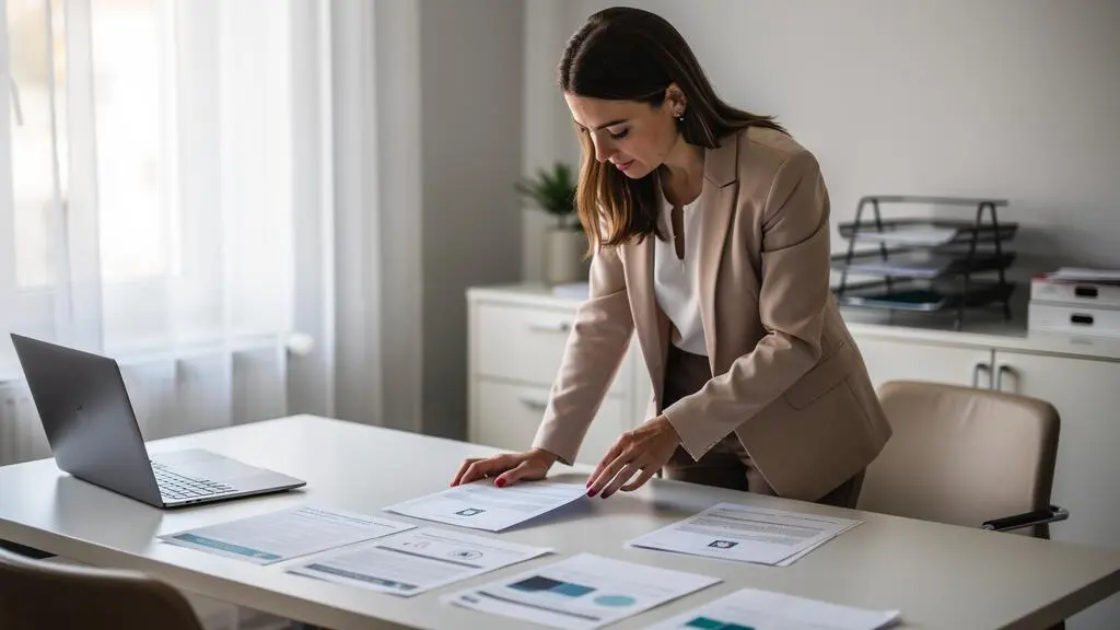Responsable conformité debout dans un bureau professionnel, examinant attentivement des documents de certification et de conformité RGPD, environnement de PME