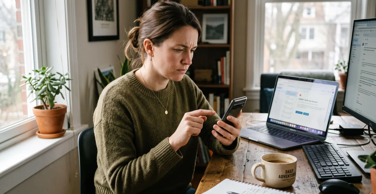 Une femme hésite devant son smartphone et son ordinateur portable à la maison.