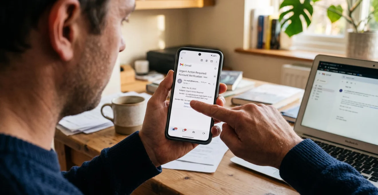 Un homme examine l'adresse d'expéditeur d'une notification sur son smartphone.