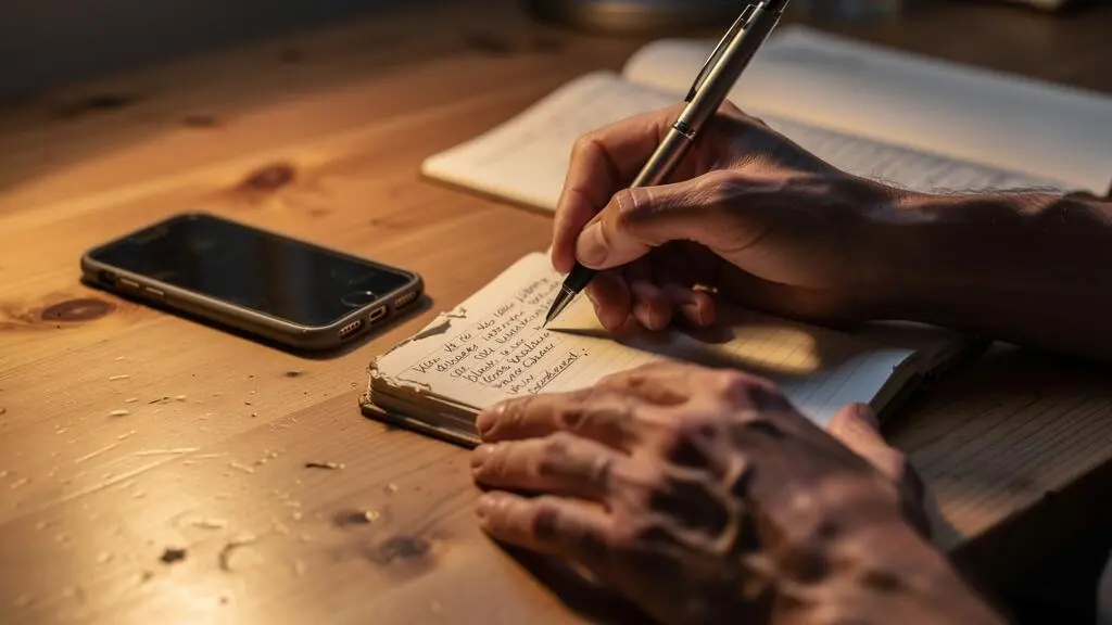 Des mains prennent des notes dans un carnet à côté d'un smartphone posé face contre table.